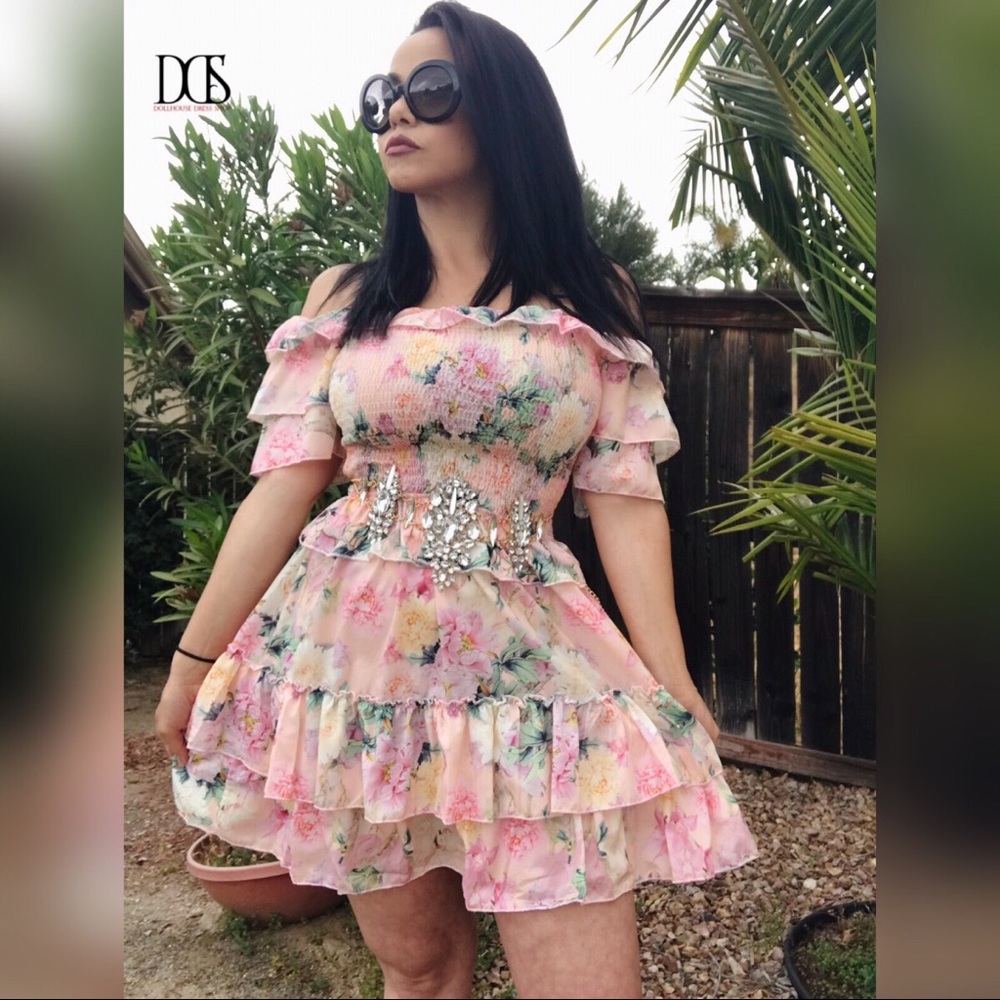 5 ⭐️Prissy In Pink-Multi Frill Floral Bardot Dress - Picture 3 of 7